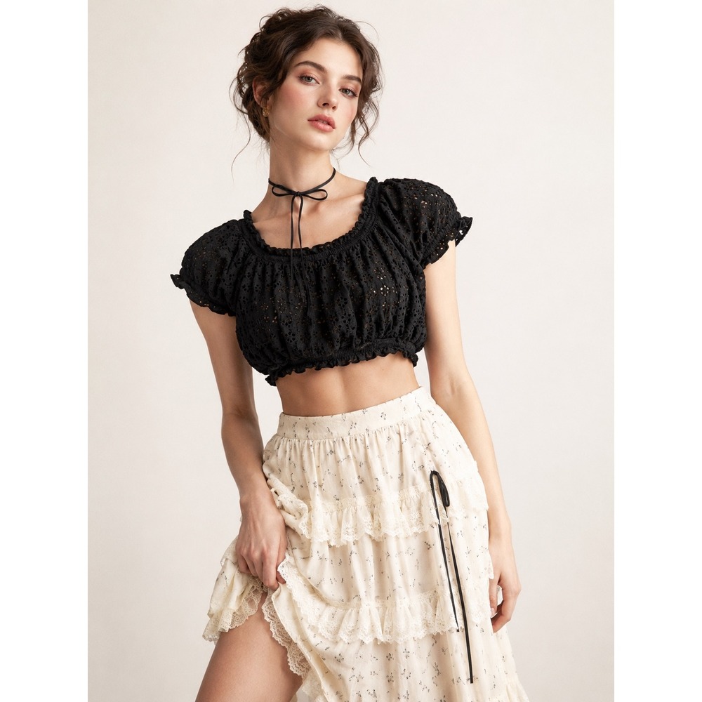 Pins‎ and Needles Crop Top Womens Small Black Excellent Eyelet Lace Cotton